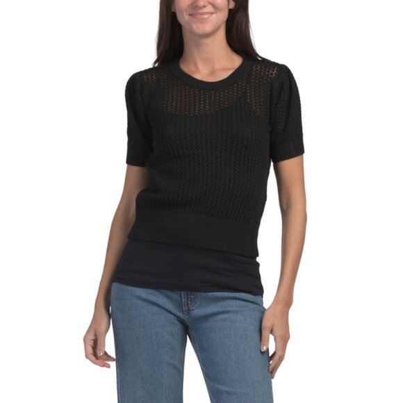 MUSE Black Crew Neck Mesh Pointelle Sweater Top - Picture 1 of 2